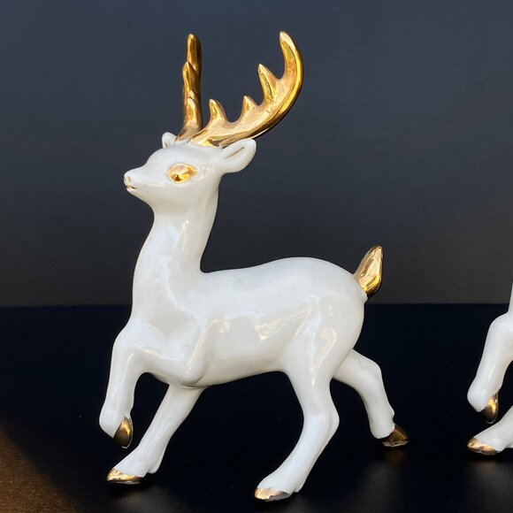 White Porcelain Reindeer With Gold Horns - Set of 3** - Picture 9 of 16
